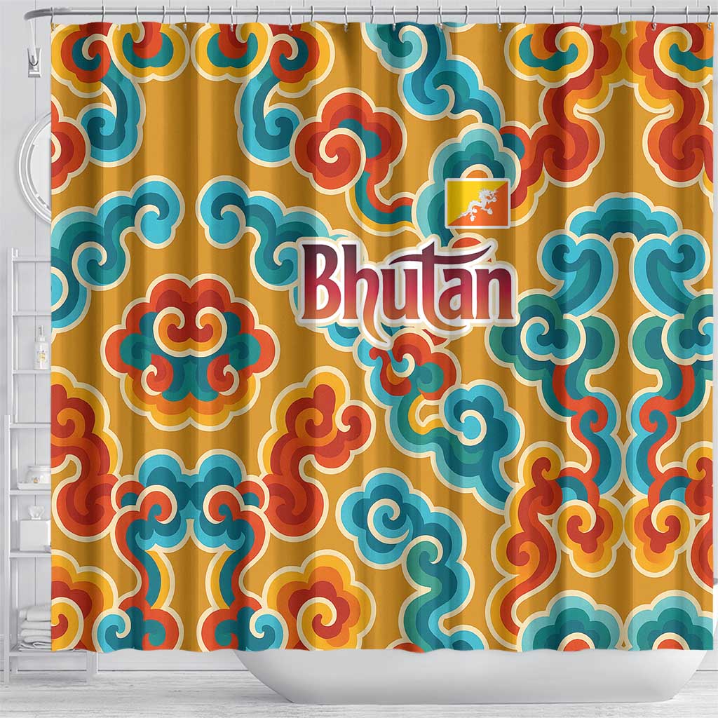 Bhutan Dragon Shower Curtain with Traditional Cloud Motif in Vibrant Himalayan Colors