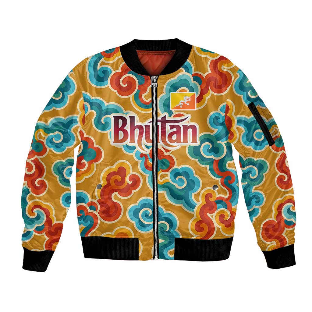 Bhutan Dragon Sleeve Zip Bomber Jacket with Traditional Cloud Motif in Vibrant Himalayan Colors