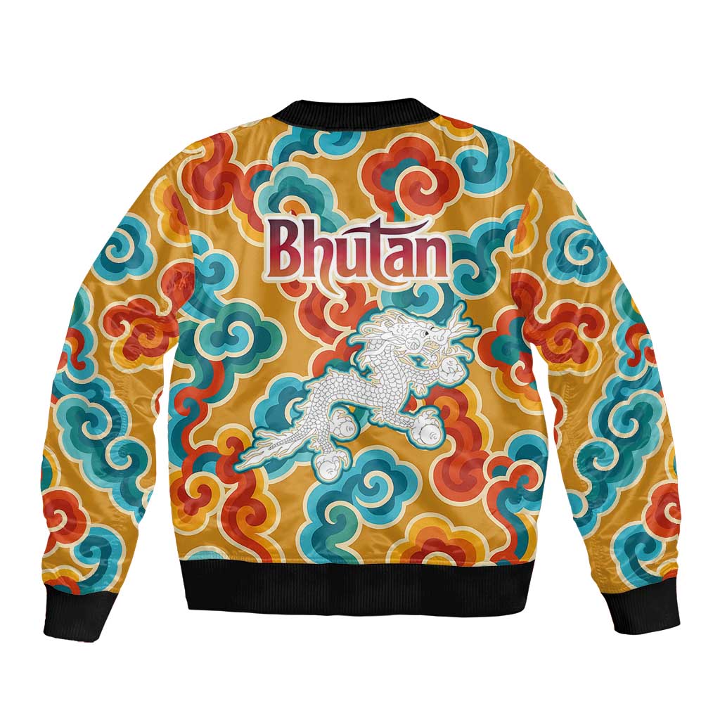 Bhutan Dragon Sleeve Zip Bomber Jacket with Traditional Cloud Motif in Vibrant Himalayan Colors