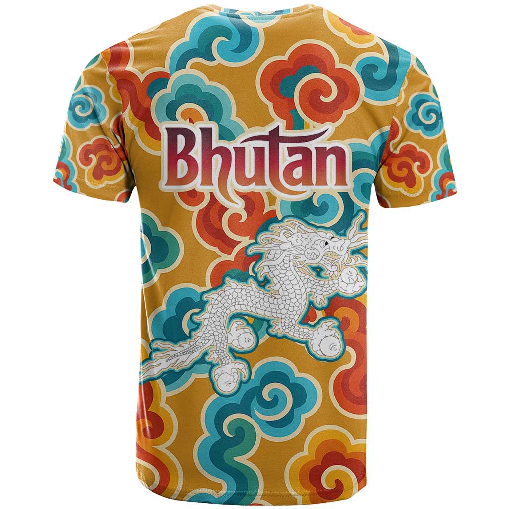 Bhutan Dragon T Shirt with Traditional Cloud Motif in Vibrant Himalayan Colors
