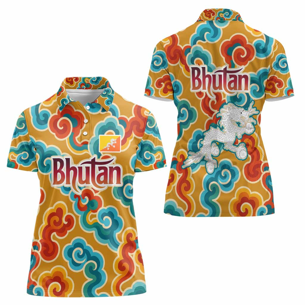Bhutan Dragon Women Polo Shirt with Traditional Cloud Motif in Vibrant Himalayan Colors