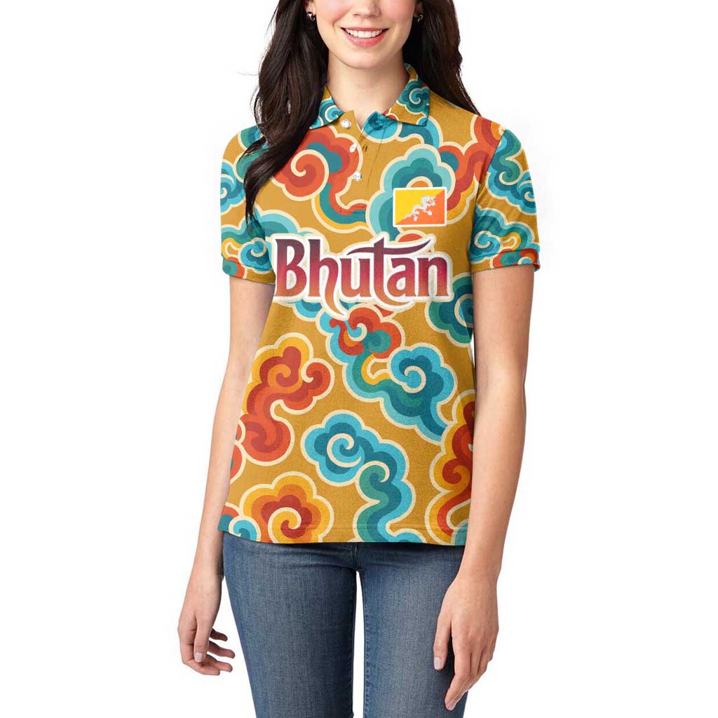 Bhutan Dragon Women Polo Shirt with Traditional Cloud Motif in Vibrant Himalayan Colors
