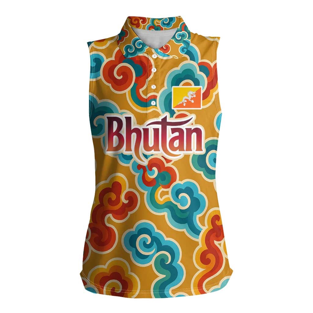 Bhutan Dragon Women Sleeveless Polo Shirt with Traditional Cloud Motif in Vibrant Himalayan Colors