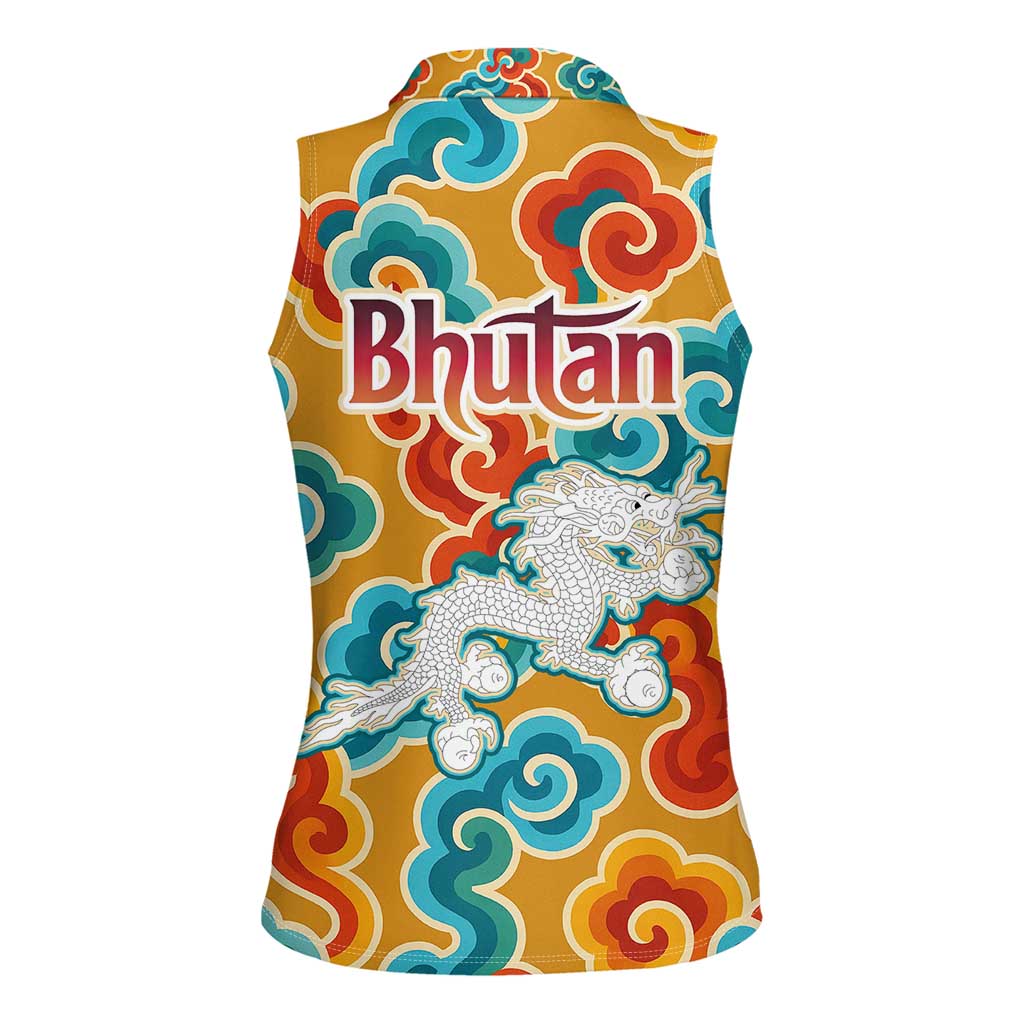 Bhutan Dragon Women Sleeveless Polo Shirt with Traditional Cloud Motif in Vibrant Himalayan Colors