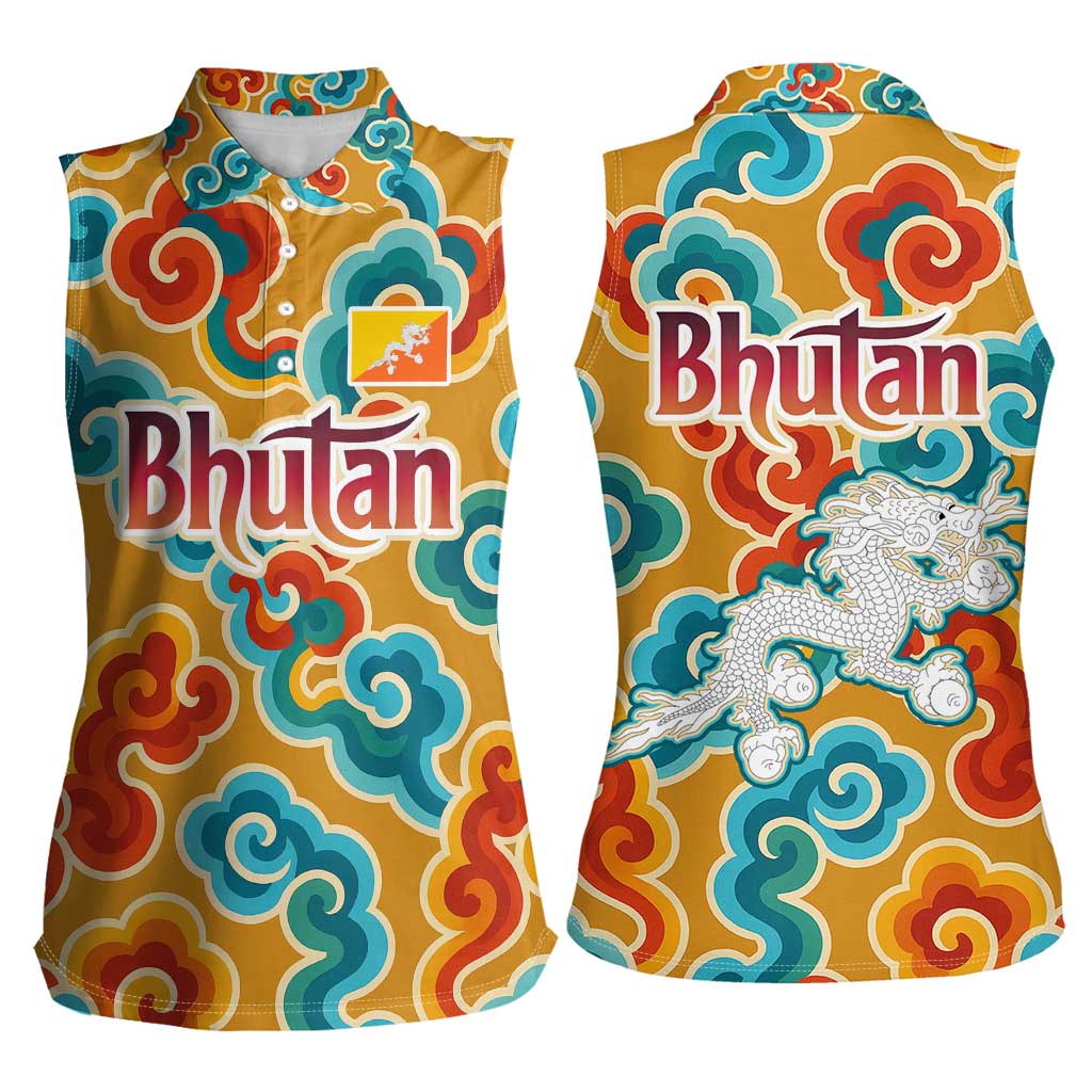 Bhutan Dragon Women Sleeveless Polo Shirt with Traditional Cloud Motif in Vibrant Himalayan Colors