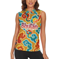 Bhutan Dragon Women Sleeveless Polo Shirt with Traditional Cloud Motif in Vibrant Himalayan Colors