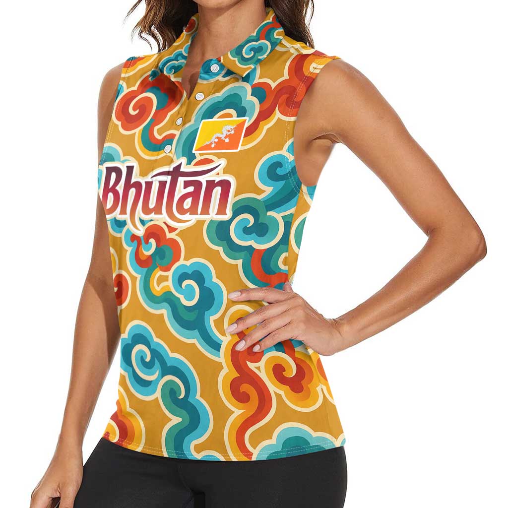 Bhutan Dragon Women Sleeveless Polo Shirt with Traditional Cloud Motif in Vibrant Himalayan Colors