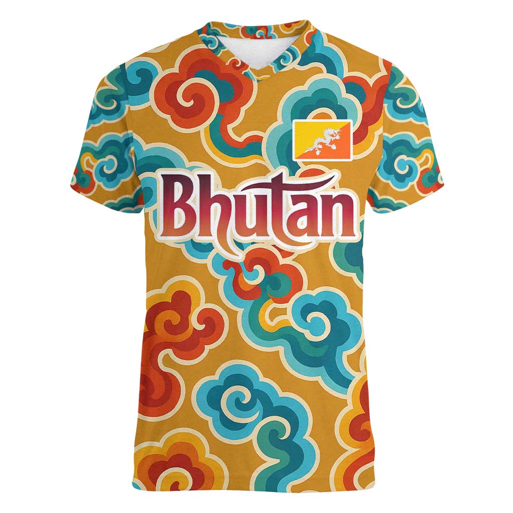Bhutan Dragon Women V-Neck T-Shirt with Traditional Cloud Motif in Vibrant Himalayan Colors