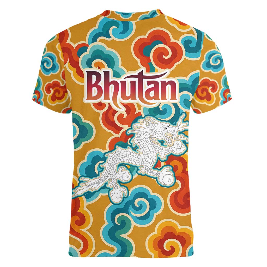 Bhutan Dragon Women V-Neck T-Shirt with Traditional Cloud Motif in Vibrant Himalayan Colors