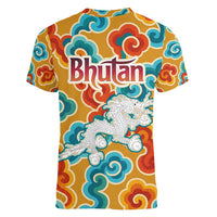 Bhutan Dragon Women V-Neck T-Shirt with Traditional Cloud Motif in Vibrant Himalayan Colors