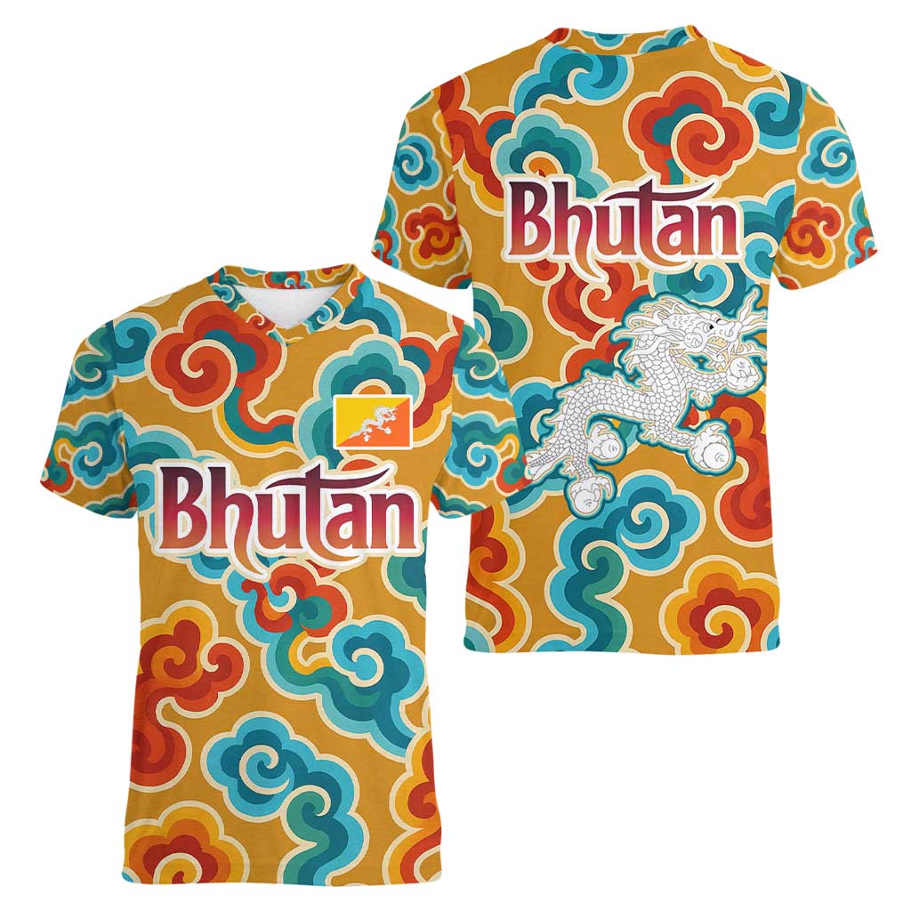 Bhutan Dragon Women V-Neck T-Shirt with Traditional Cloud Motif in Vibrant Himalayan Colors