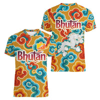 Bhutan Dragon Women V-Neck T-Shirt with Traditional Cloud Motif in Vibrant Himalayan Colors