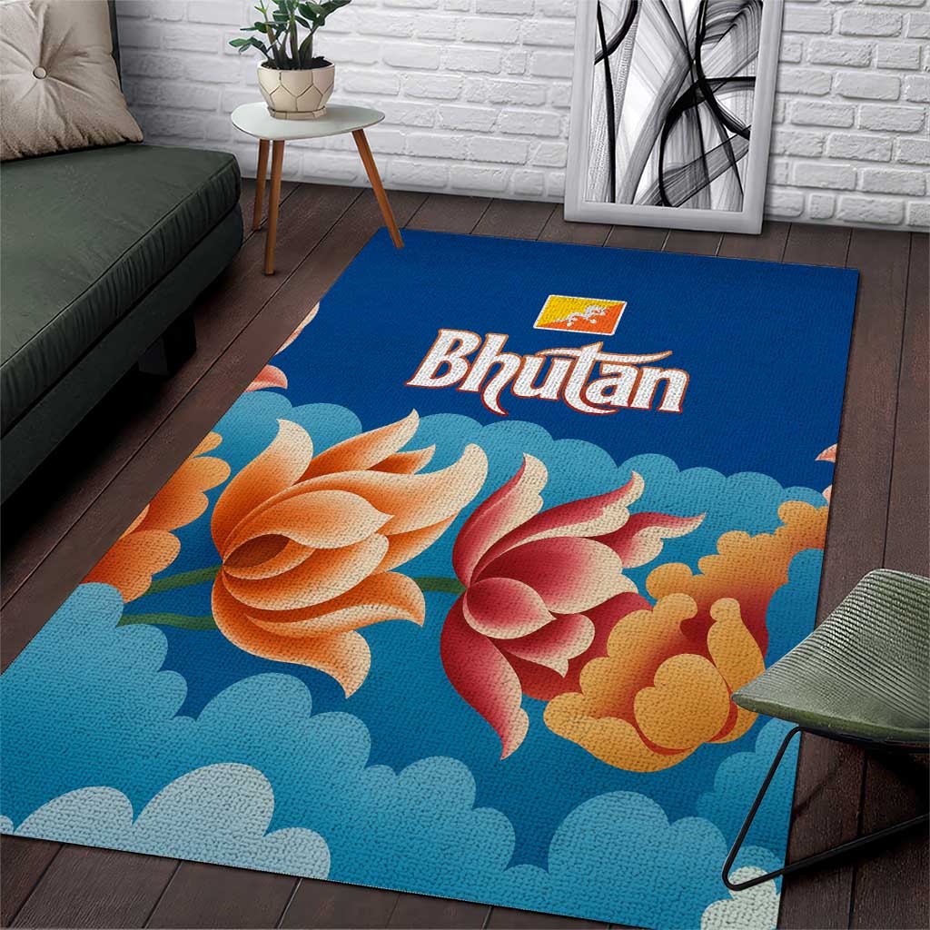 Bhutan Lotus Blossom Area Rug with White Dragon and Sacred Cloud Harmony