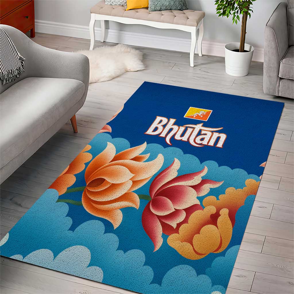 Bhutan Lotus Blossom Area Rug with White Dragon and Sacred Cloud Harmony