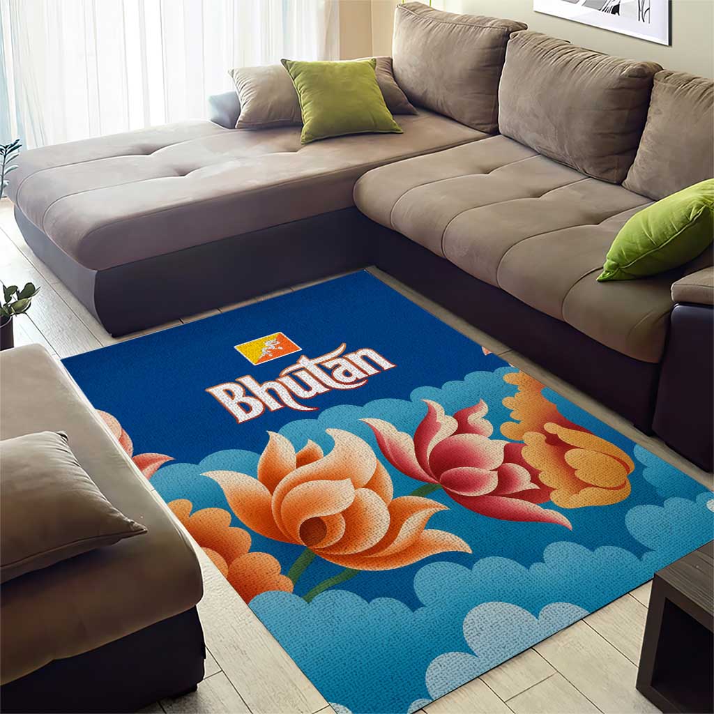 Bhutan Lotus Blossom Area Rug with White Dragon and Sacred Cloud Harmony