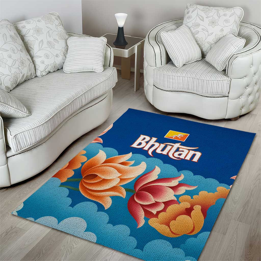 Bhutan Lotus Blossom Area Rug with White Dragon and Sacred Cloud Harmony