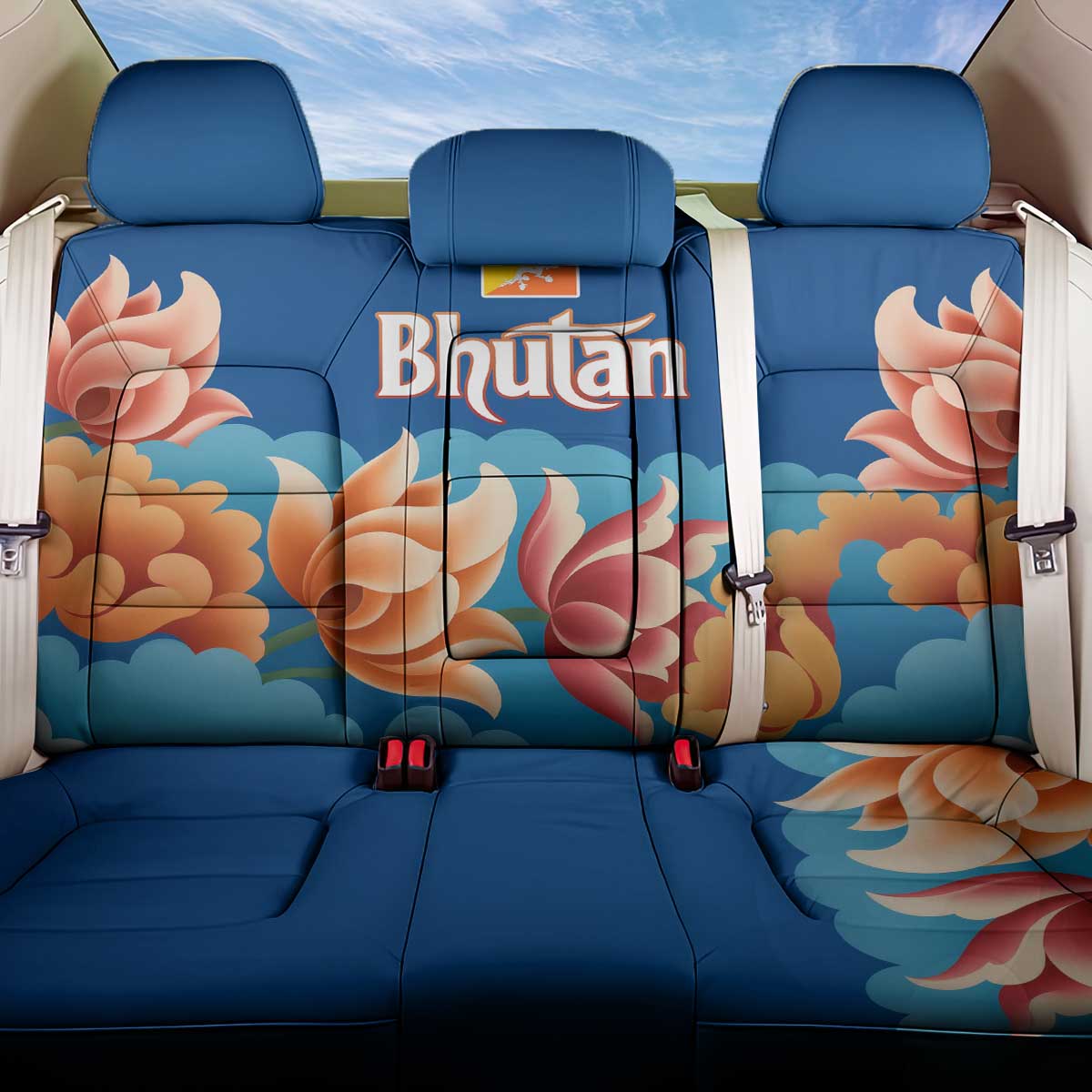 Bhutan Lotus Blossom Back Car Seat Cover with White Dragon and Sacred Cloud Harmony