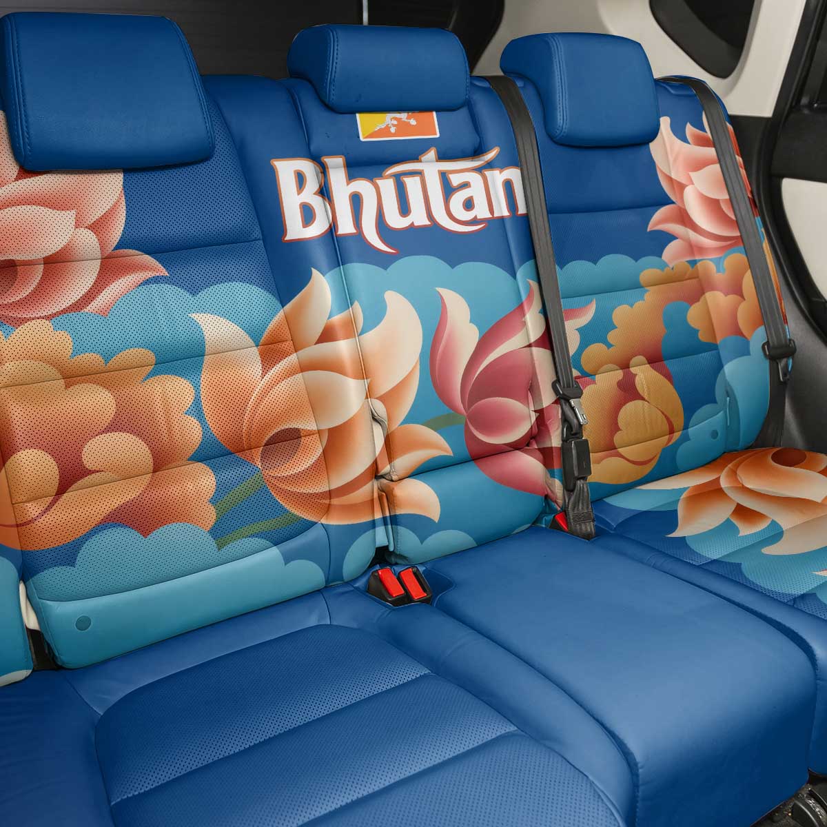 Bhutan Lotus Blossom Back Car Seat Cover with White Dragon and Sacred Cloud Harmony