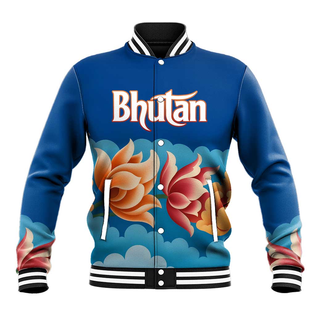 Bhutan Lotus Blossom Baseball Jacket with White Dragon and Sacred Cloud Harmony