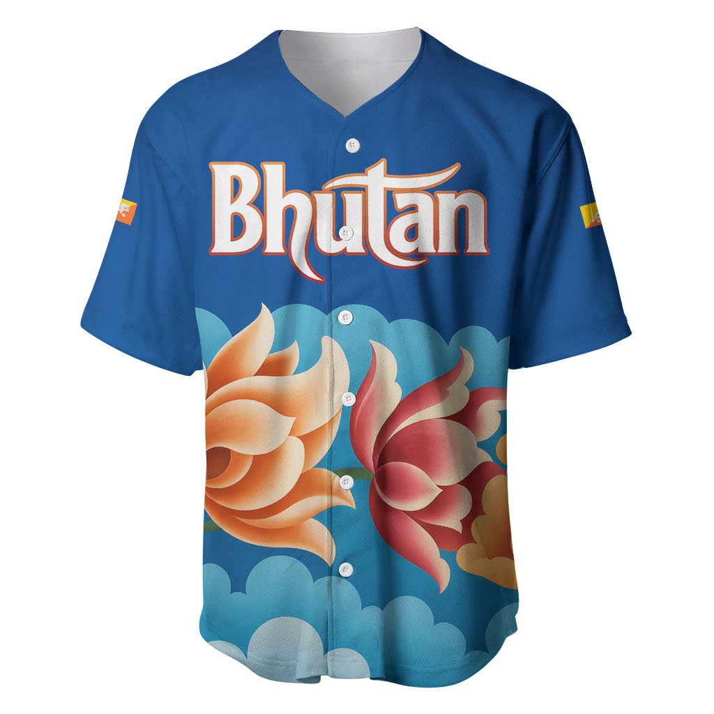 Bhutan Lotus Blossom Baseball Jersey with White Dragon and Sacred Cloud Harmony