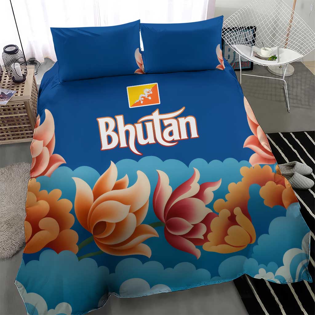 Bhutan Lotus Blossom Bedding Set with White Dragon and Sacred Cloud Harmony