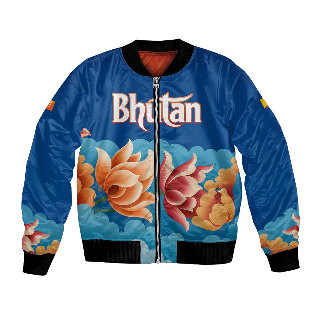Bhutan Lotus Blossom Bomber Jacket with White Dragon and Sacred Cloud Harmony