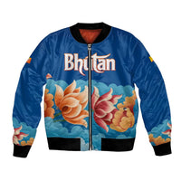 Bhutan Lotus Blossom Bomber Jacket with White Dragon and Sacred Cloud Harmony