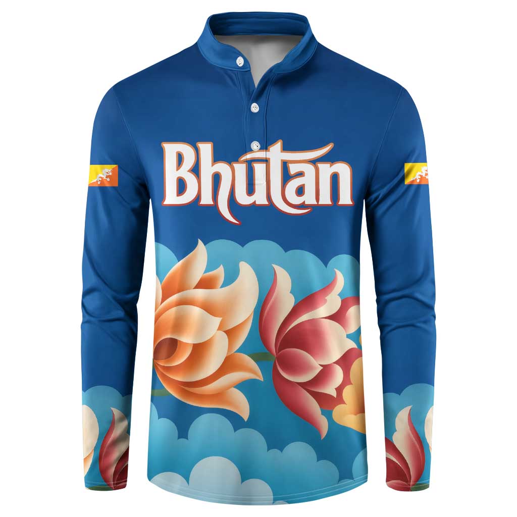 Bhutan Lotus Blossom Button Sweatshirt with White Dragon and Sacred Cloud Harmony