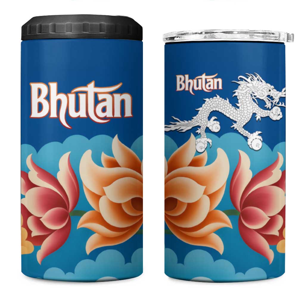 Bhutan Lotus Blossom 4 in 1 Can Cooler Tumbler with White Dragon and Sacred Cloud Harmony