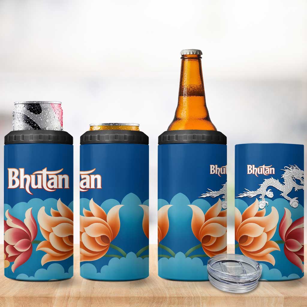 Bhutan Lotus Blossom 4 in 1 Can Cooler Tumbler with White Dragon and Sacred Cloud Harmony