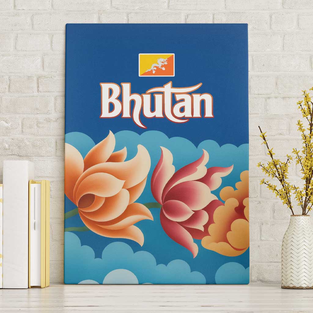 Bhutan Lotus Blossom Canvas Wall Art with White Dragon and Sacred Cloud Harmony
