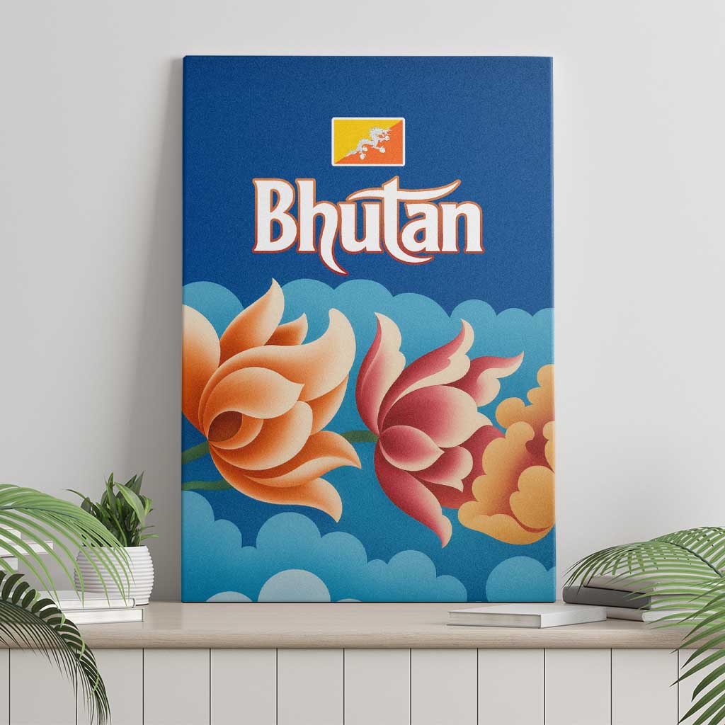 Bhutan Lotus Blossom Canvas Wall Art with White Dragon and Sacred Cloud Harmony