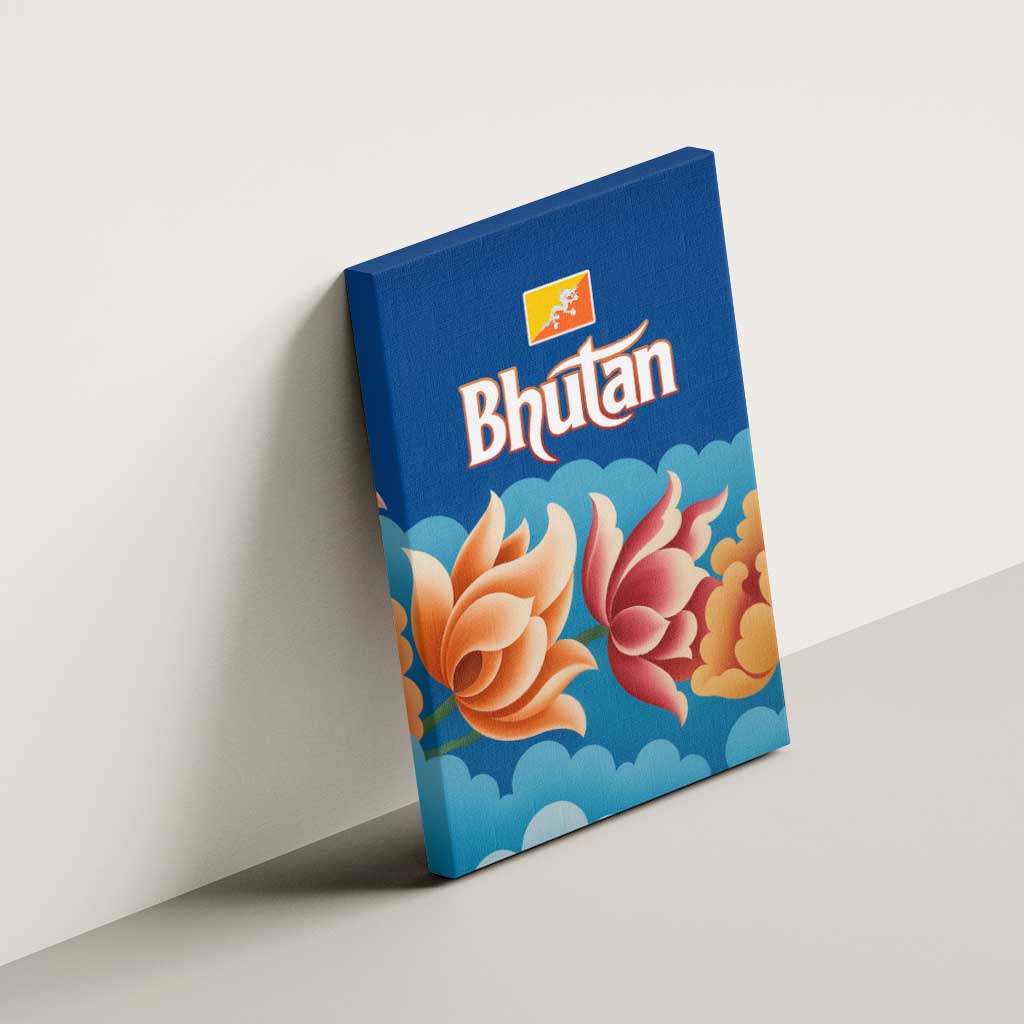 Bhutan Lotus Blossom Canvas Wall Art with White Dragon and Sacred Cloud Harmony