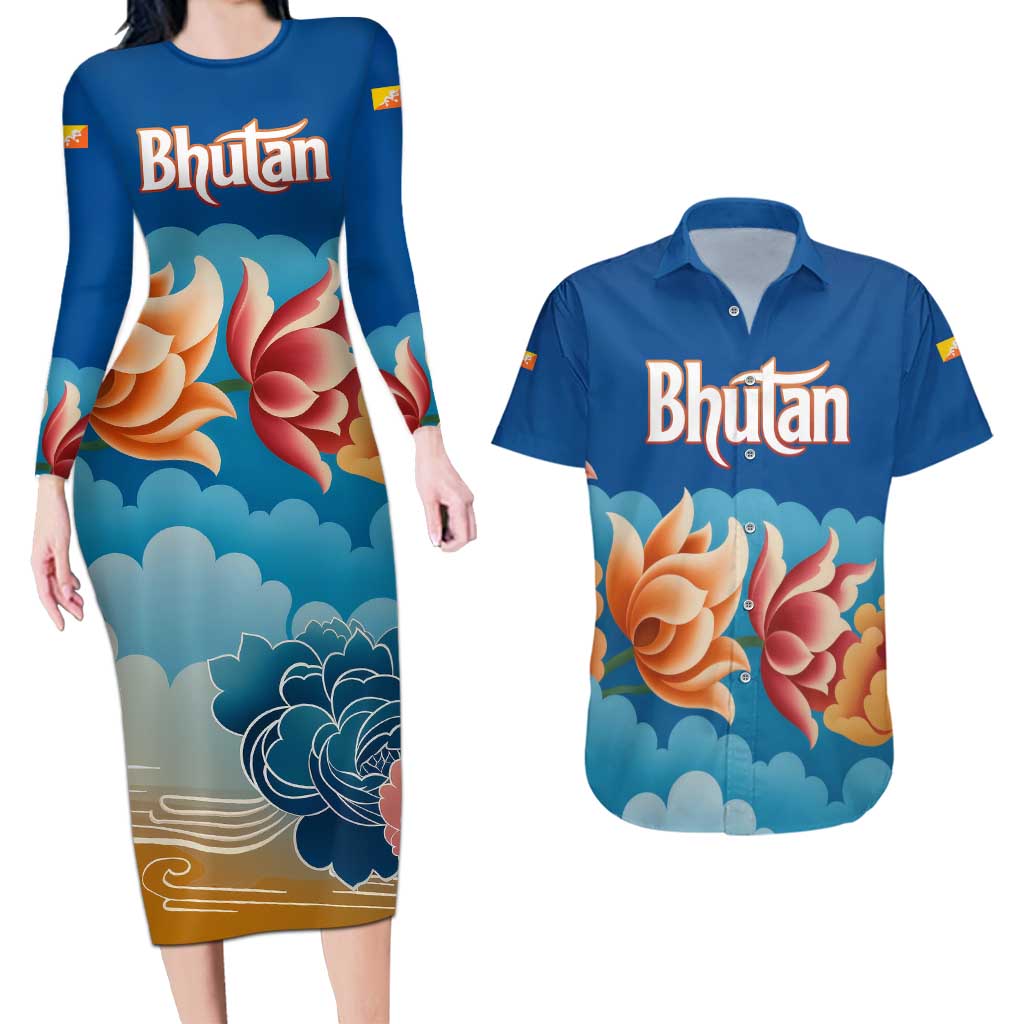 Bhutan Lotus Blossom Couples Matching Long Sleeve Bodycon Dress and Hawaiian Shirt with White Dragon and Sacred Cloud Harmony