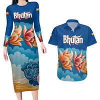 Bhutan Lotus Blossom Couples Matching Long Sleeve Bodycon Dress and Hawaiian Shirt with White Dragon and Sacred Cloud Harmony