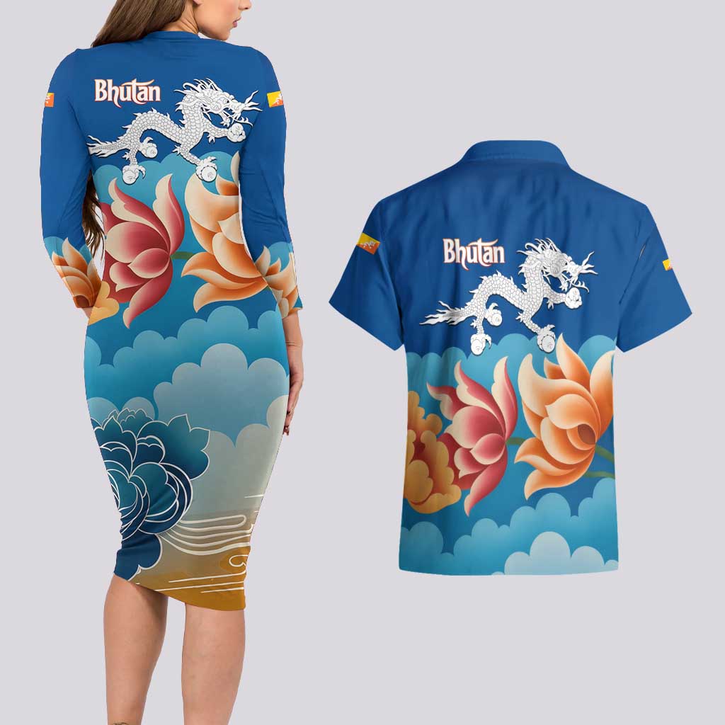 Bhutan Lotus Blossom Couples Matching Long Sleeve Bodycon Dress and Hawaiian Shirt with White Dragon and Sacred Cloud Harmony