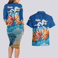 Bhutan Lotus Blossom Couples Matching Long Sleeve Bodycon Dress and Hawaiian Shirt with White Dragon and Sacred Cloud Harmony
