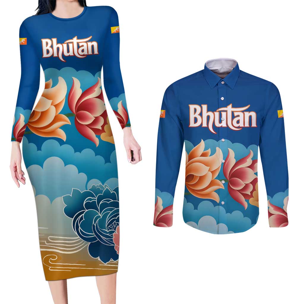 Bhutan Lotus Blossom Couples Matching Long Sleeve Bodycon Dress and Long Sleeve Button Shirt with White Dragon and Sacred Cloud Harmony