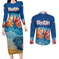 Bhutan Lotus Blossom Couples Matching Long Sleeve Bodycon Dress and Long Sleeve Button Shirt with White Dragon and Sacred Cloud Harmony