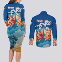 Bhutan Lotus Blossom Couples Matching Long Sleeve Bodycon Dress and Long Sleeve Button Shirt with White Dragon and Sacred Cloud Harmony