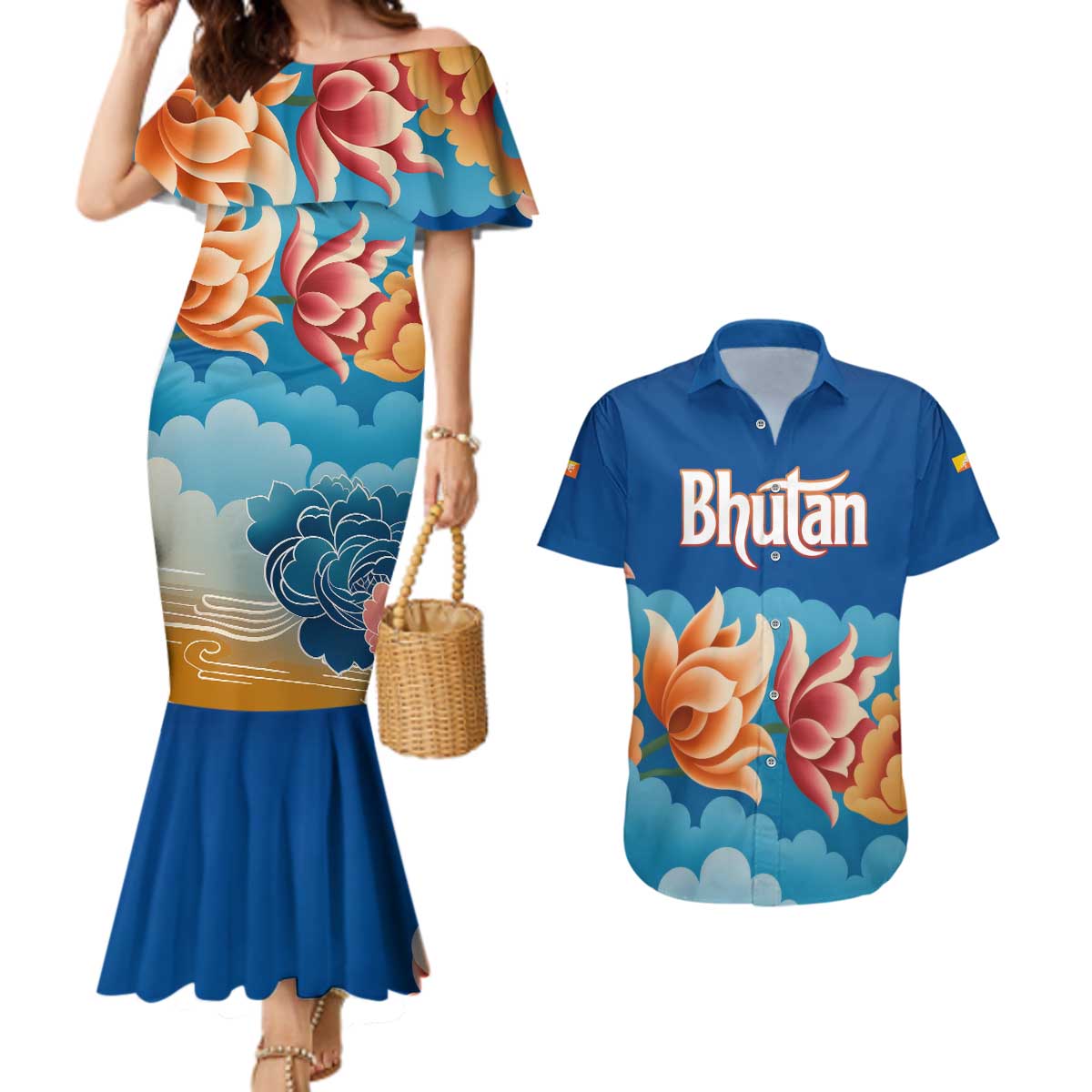 Bhutan Lotus Blossom Couples Matching Mermaid Dress and Hawaiian Shirt with White Dragon and Sacred Cloud Harmony