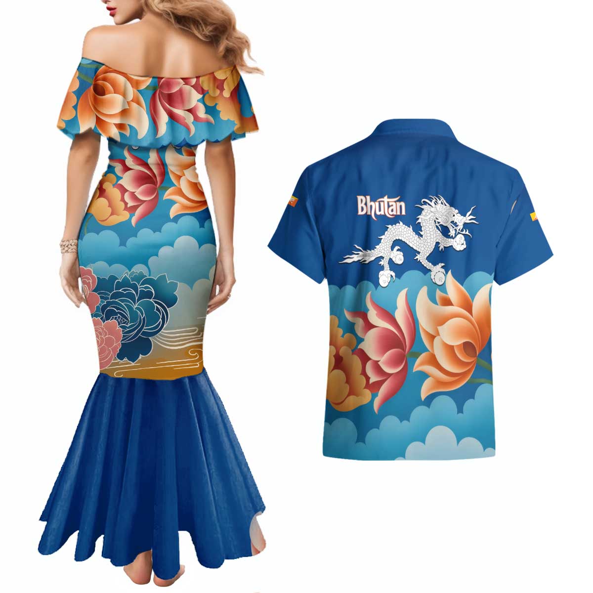 Bhutan Lotus Blossom Couples Matching Mermaid Dress and Hawaiian Shirt with White Dragon and Sacred Cloud Harmony