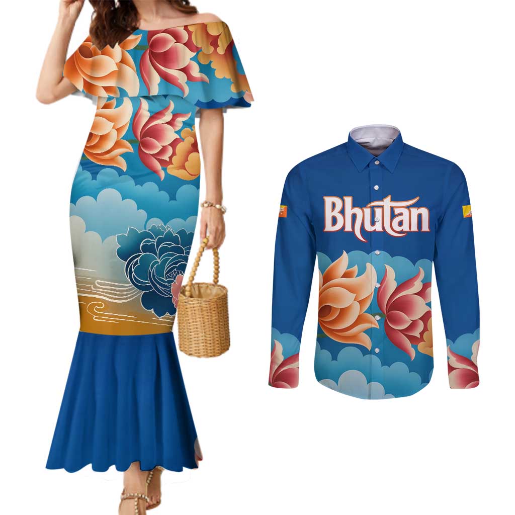 Bhutan Lotus Blossom Couples Matching Mermaid Dress and Long Sleeve Button Shirt with White Dragon and Sacred Cloud Harmony