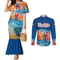 Bhutan Lotus Blossom Couples Matching Mermaid Dress and Long Sleeve Button Shirt with White Dragon and Sacred Cloud Harmony