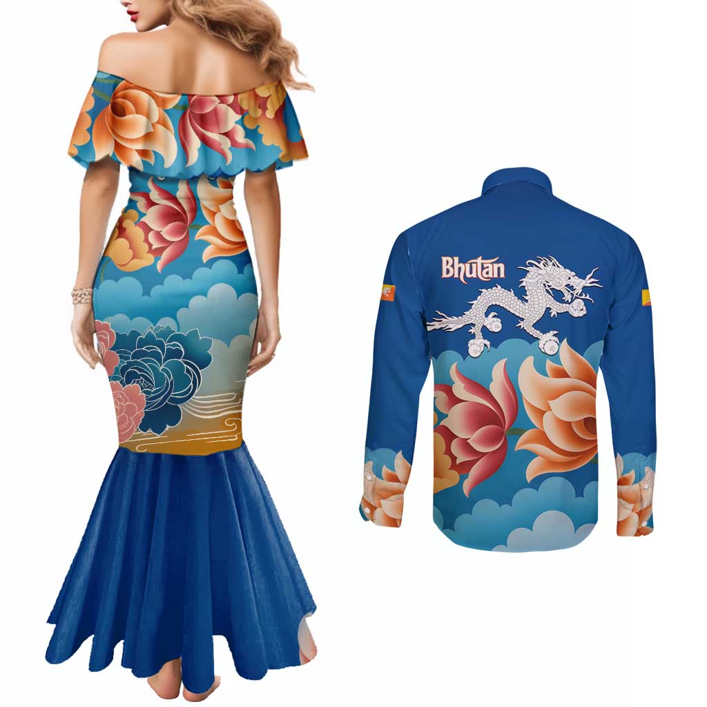 Bhutan Lotus Blossom Couples Matching Mermaid Dress and Long Sleeve Button Shirt with White Dragon and Sacred Cloud Harmony