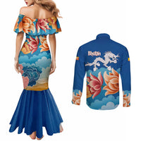 Bhutan Lotus Blossom Couples Matching Mermaid Dress and Long Sleeve Button Shirt with White Dragon and Sacred Cloud Harmony
