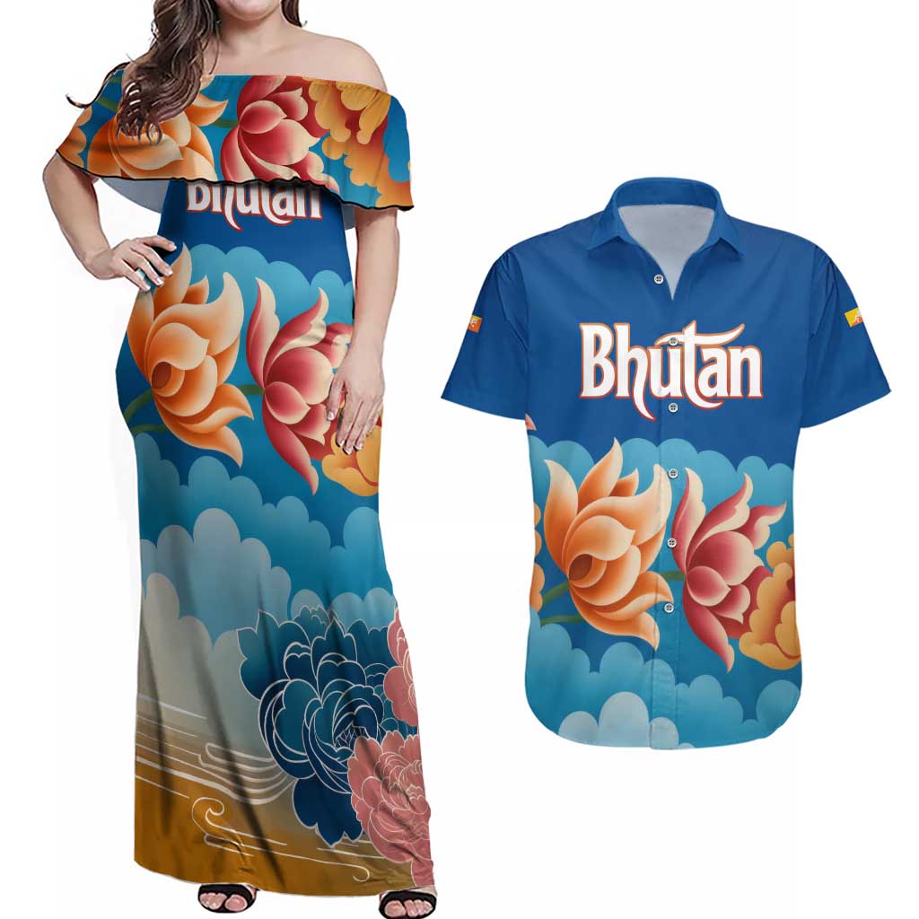 Bhutan Lotus Blossom Couples Matching Off Shoulder Maxi Dress and Hawaiian Shirt with White Dragon and Sacred Cloud Harmony