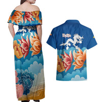Bhutan Lotus Blossom Couples Matching Off Shoulder Maxi Dress and Hawaiian Shirt with White Dragon and Sacred Cloud Harmony