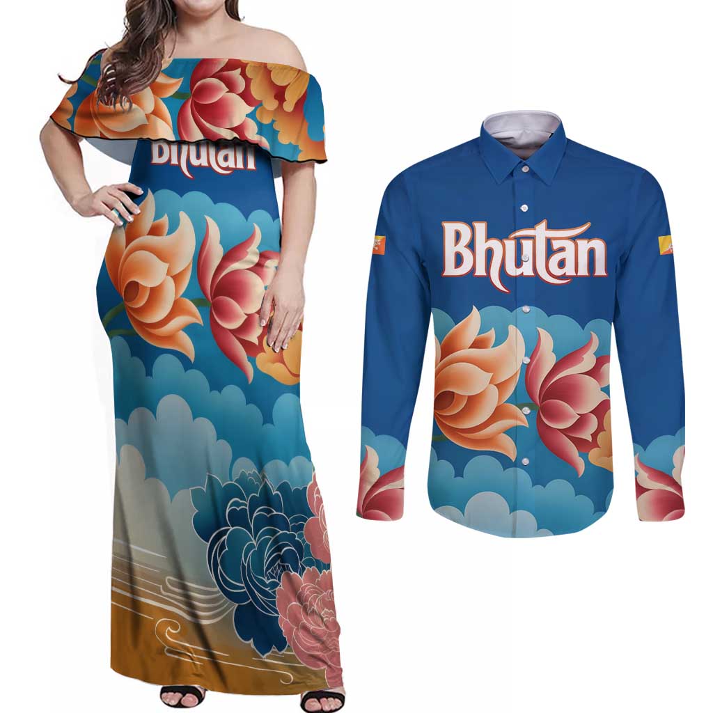 Bhutan Lotus Blossom Couples Matching Off Shoulder Maxi Dress and Long Sleeve Button Shirt with White Dragon and Sacred Cloud Harmony