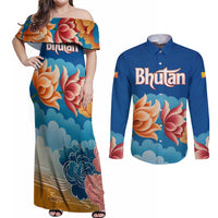 Bhutan Lotus Blossom Couples Matching Off Shoulder Maxi Dress and Long Sleeve Button Shirt with White Dragon and Sacred Cloud Harmony
